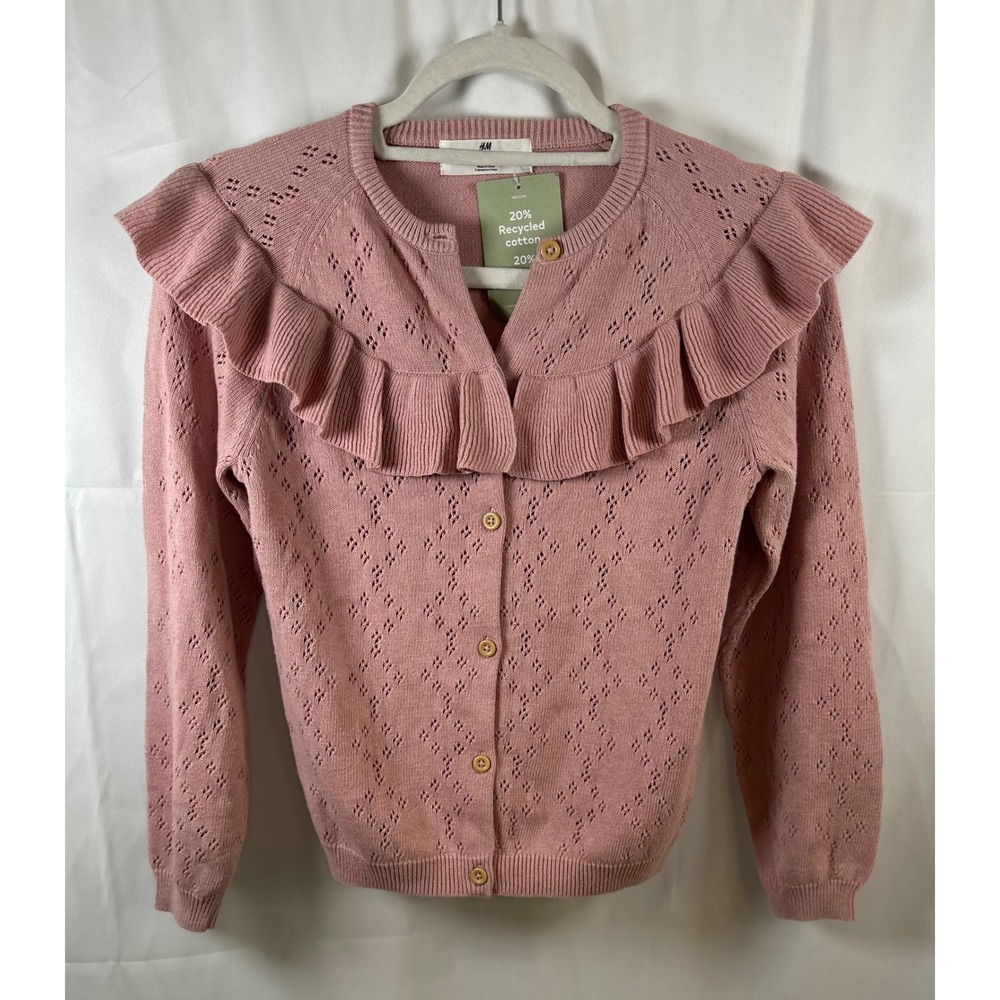 HM Conscious Pink Pointelle Ruffle Cardigan Sweater Cotton Kids 8-10 / Women XXS